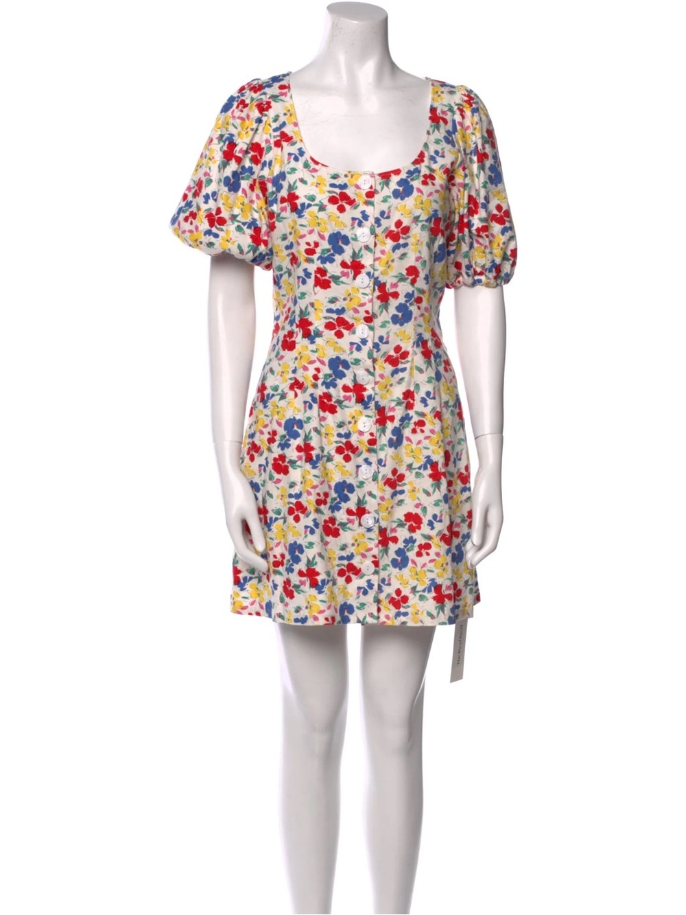 RIXO Multicolor Floral Scoop-Neck Puff Sleeve Mini Dress
